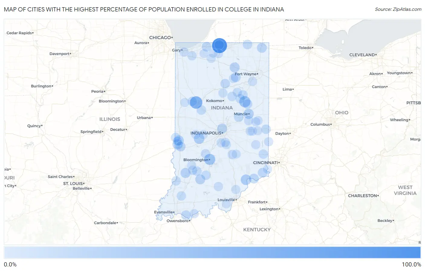 Cities with the Highest Percentage of Population Enrolled in College in Indiana Map