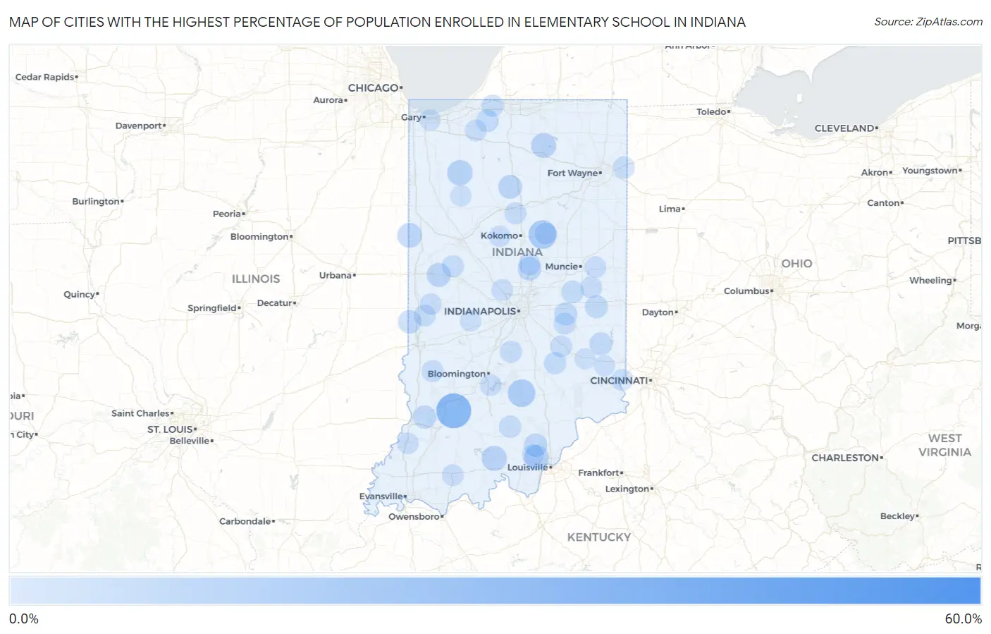 Cities with the Highest Percentage of Population Enrolled in Elementary School in Indiana Map