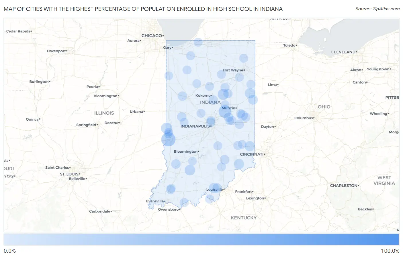 Cities with the Highest Percentage of Population Enrolled in High School in Indiana Map