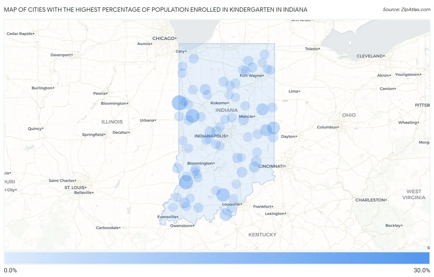Cities with the Highest Percentage of Population Enrolled in Kindergarten in Indiana Map