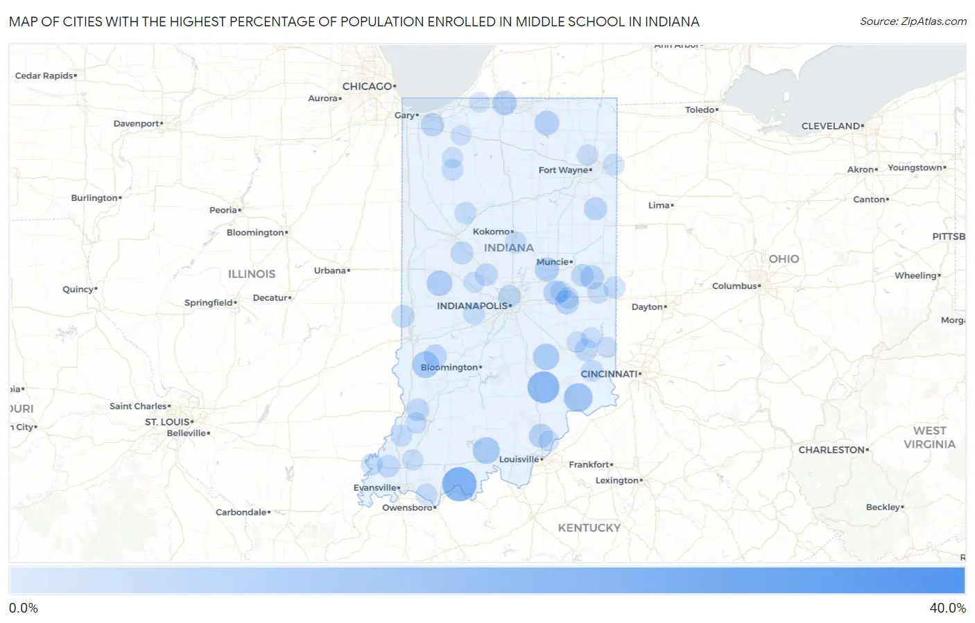 Cities with the Highest Percentage of Population Enrolled in Middle School in Indiana Map
