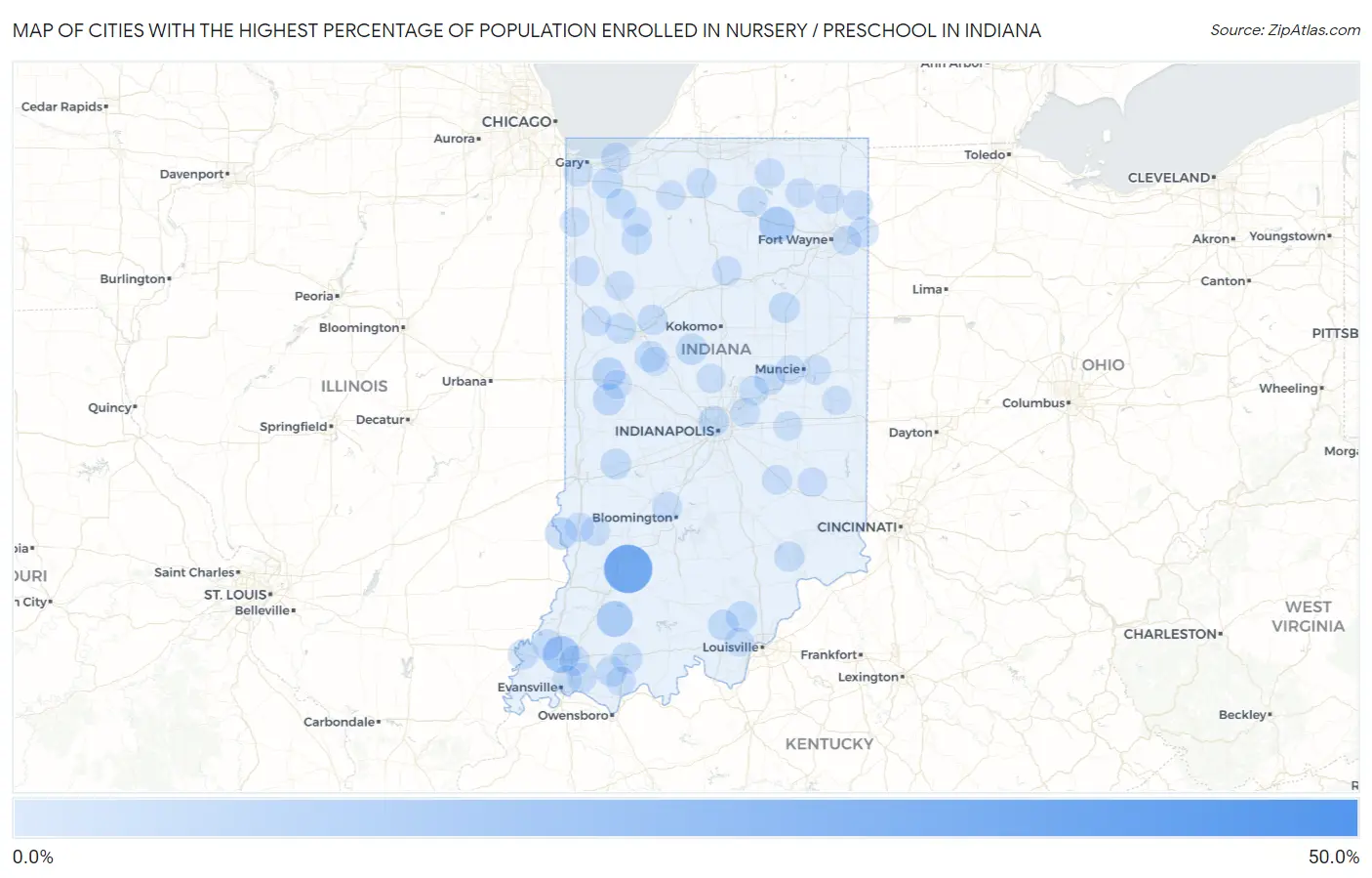 Cities with the Highest Percentage of Population Enrolled in Nursery / Preschool in Indiana Map