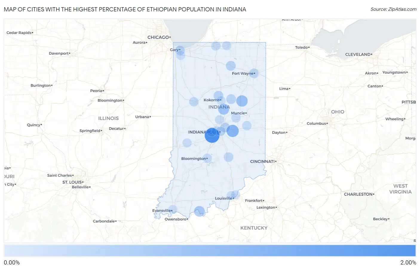 Cities with the Highest Percentage of Ethiopian Population in Indiana Map