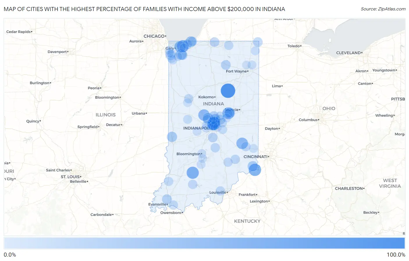 Cities with the Highest Percentage of Families with Income Above $200,000 in Indiana Map