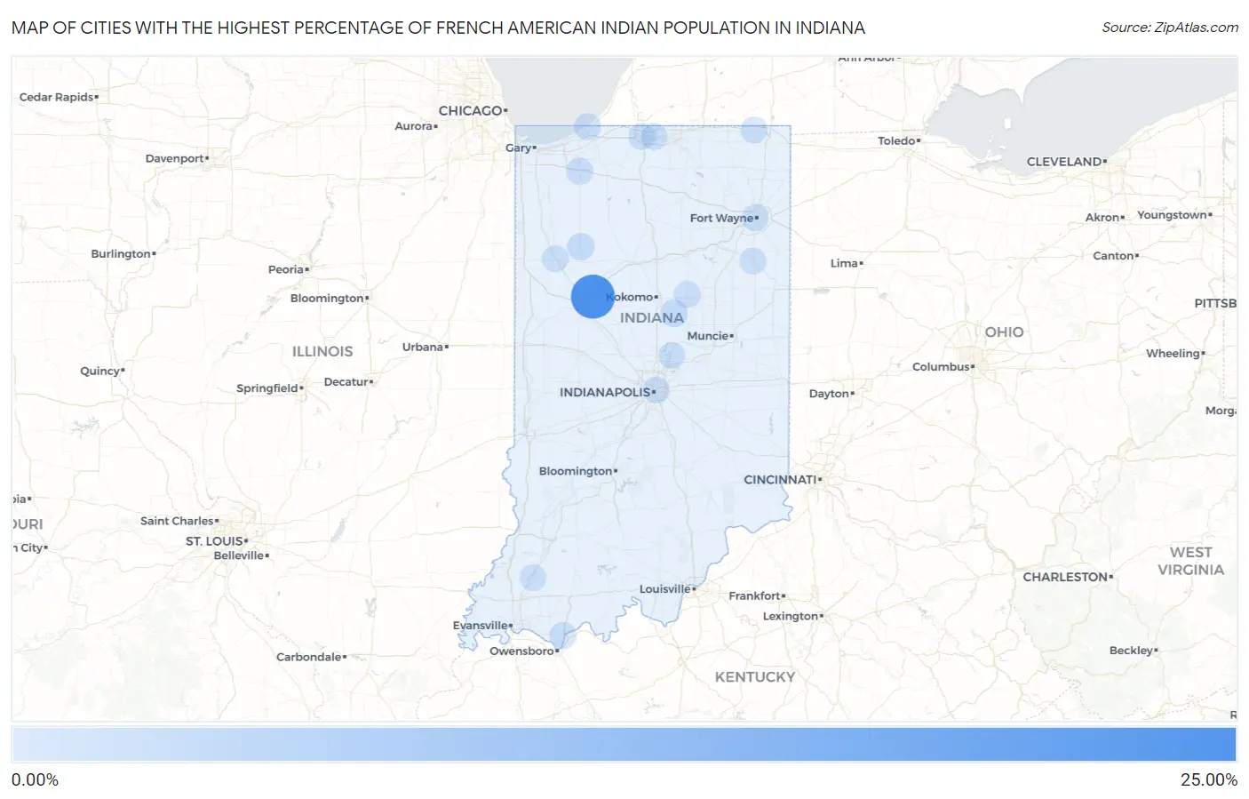 Cities with the Highest Percentage of French American Indian Population in Indiana Map