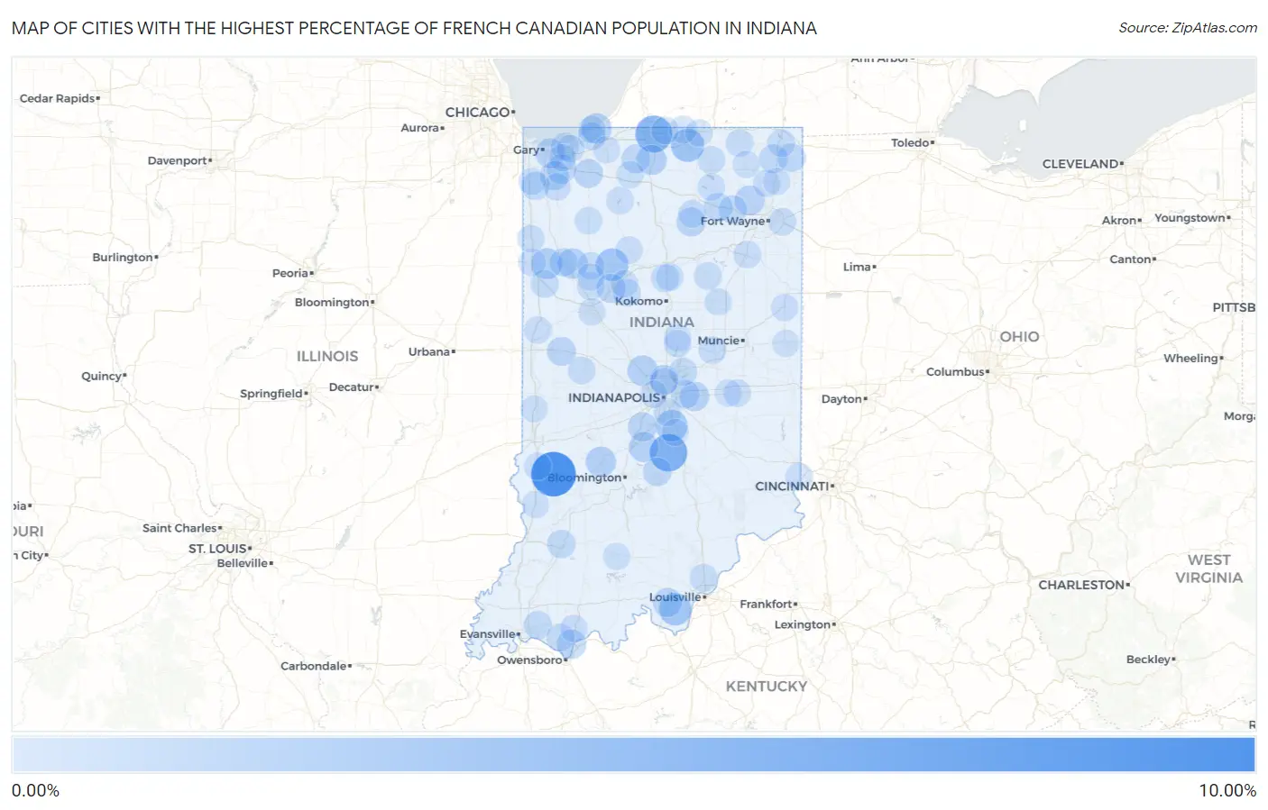 Cities with the Highest Percentage of French Canadian Population in Indiana Map