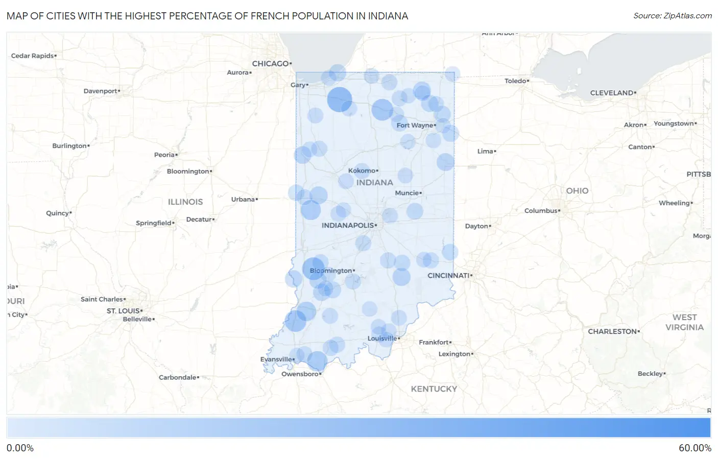 Cities with the Highest Percentage of French Population in Indiana Map