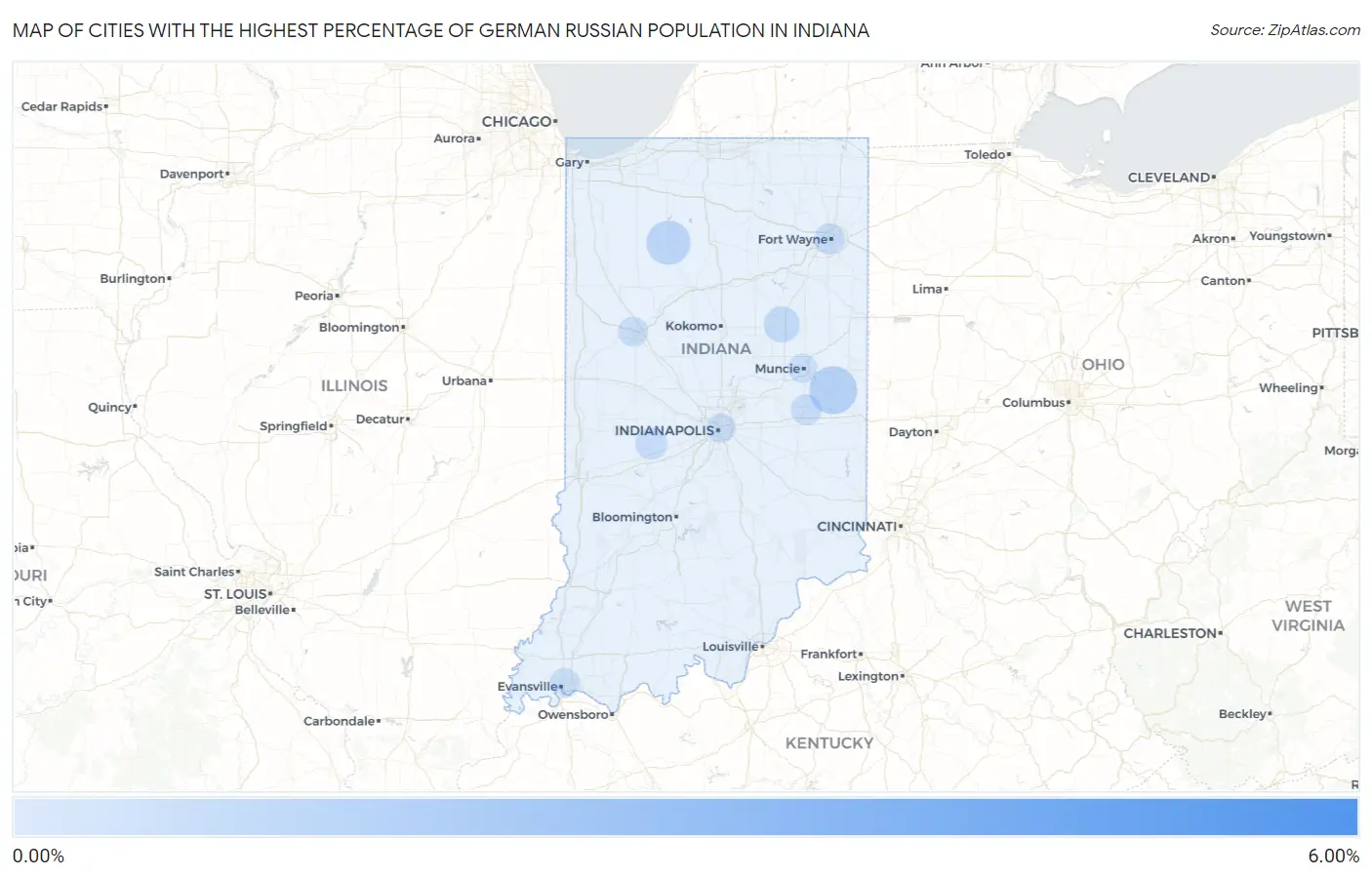Cities with the Highest Percentage of German Russian Population in Indiana Map
