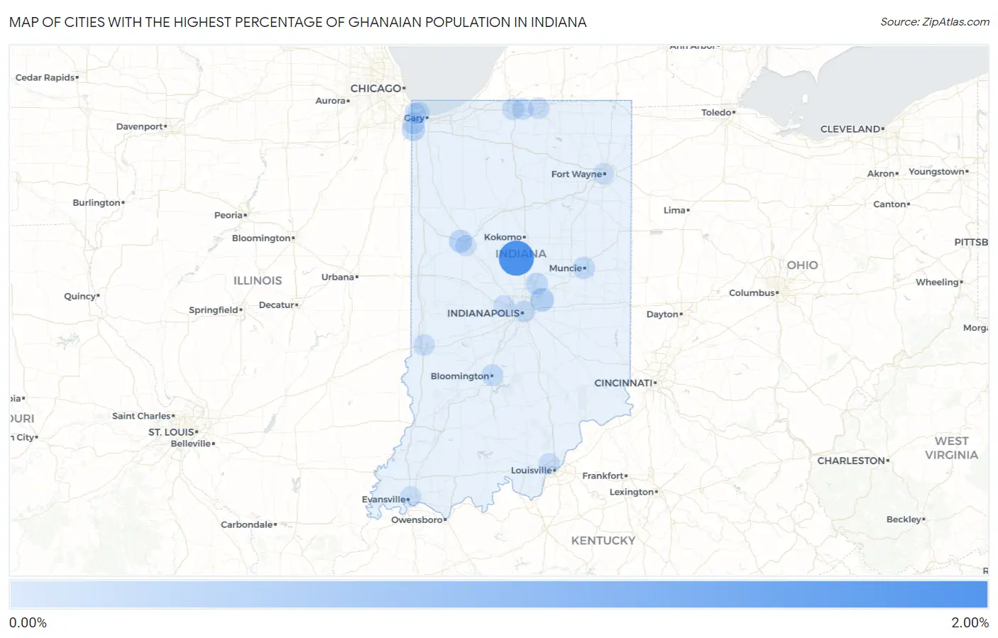 Cities with the Highest Percentage of Ghanaian Population in Indiana Map