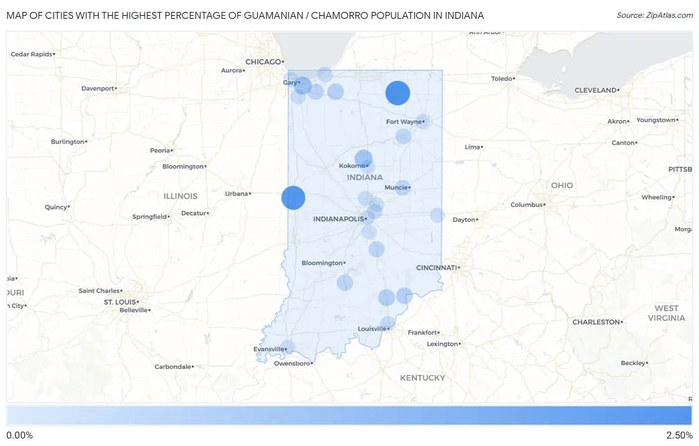 Cities with the Highest Percentage of Guamanian / Chamorro Population in Indiana Map