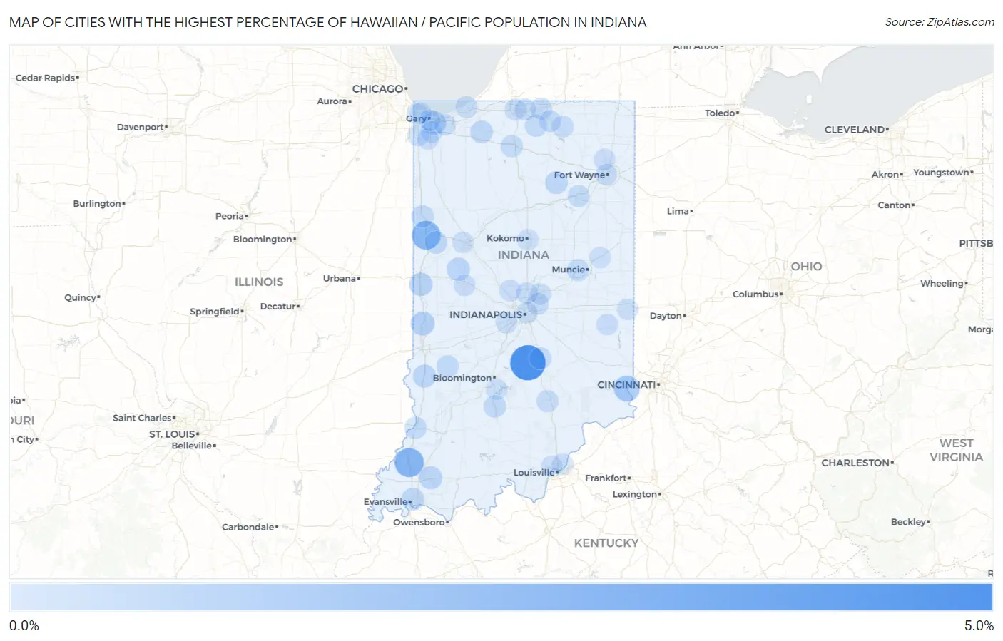 Cities with the Highest Percentage of Hawaiian / Pacific Population in Indiana Map