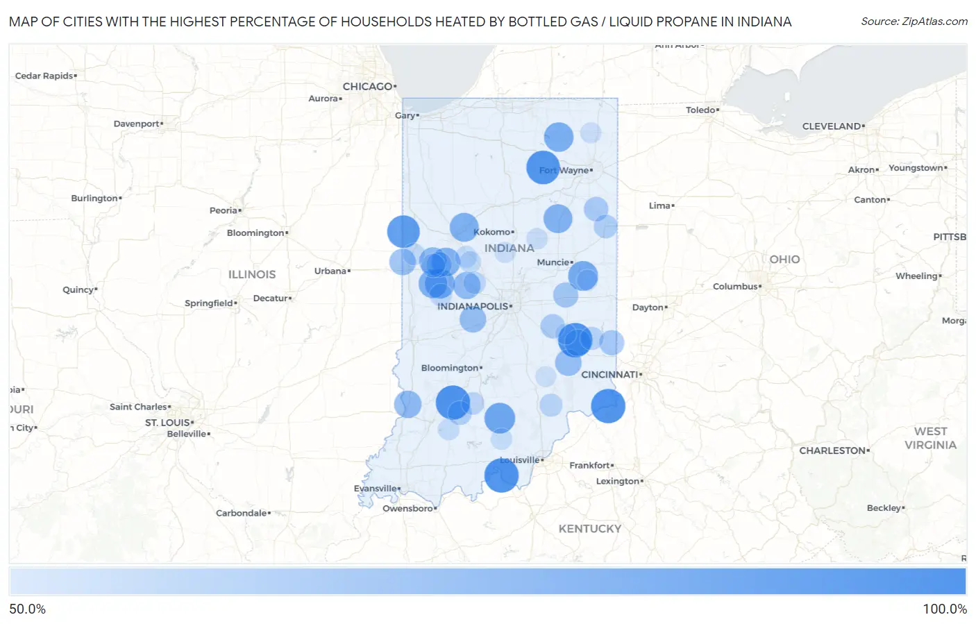 Cities with the Highest Percentage of Households Heated by Bottled Gas / Liquid Propane in Indiana Map