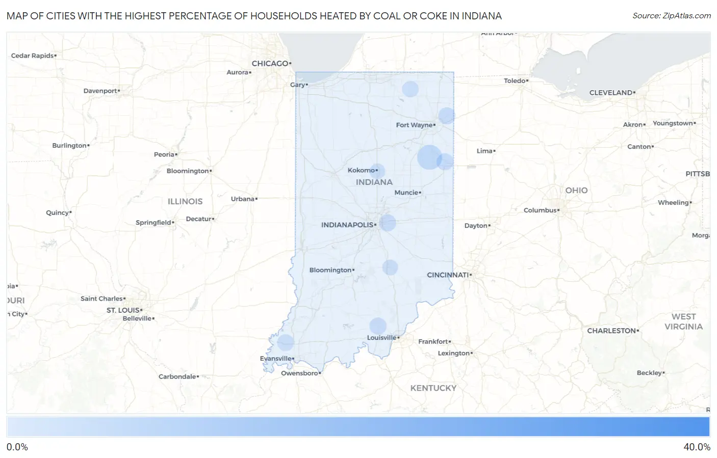 Cities with the Highest Percentage of Households Heated by Coal or Coke in Indiana Map