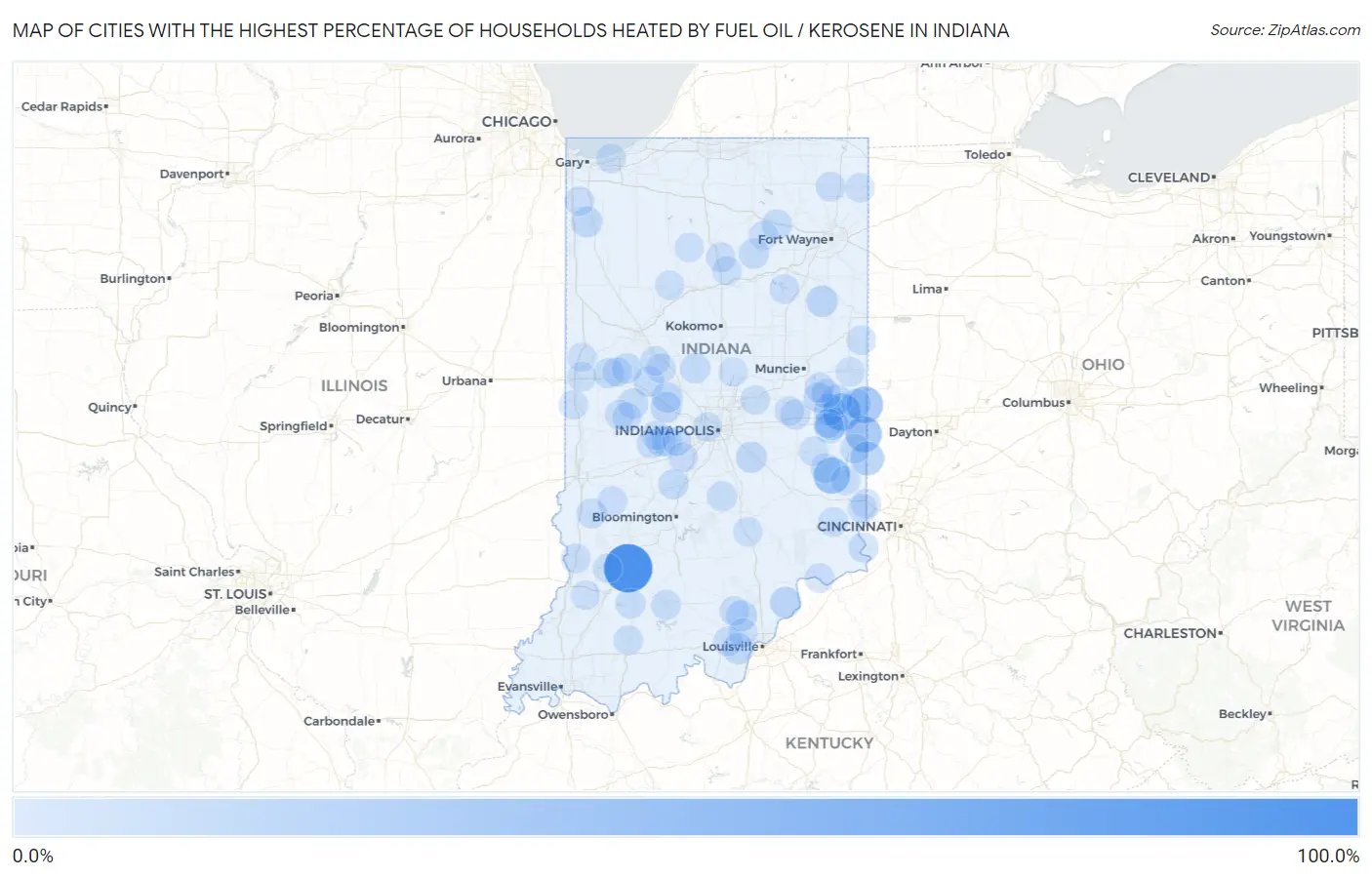 Cities with the Highest Percentage of Households Heated by Fuel Oil / Kerosene in Indiana Map
