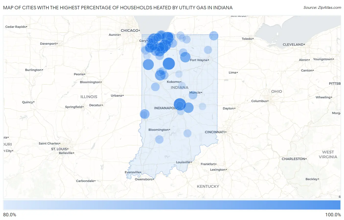 Cities with the Highest Percentage of Households Heated by Utility Gas in Indiana Map