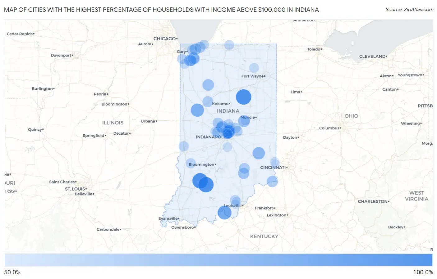Cities with the Highest Percentage of Households with Income Above $100,000 in Indiana Map