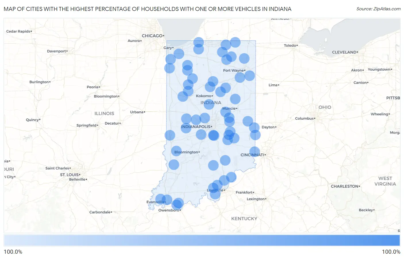 Cities with the Highest Percentage of Households With One or more Vehicles in Indiana Map