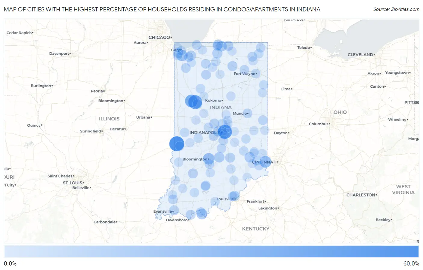 Cities with the Highest Percentage of Households Residing in Condos/Apartments in Indiana Map