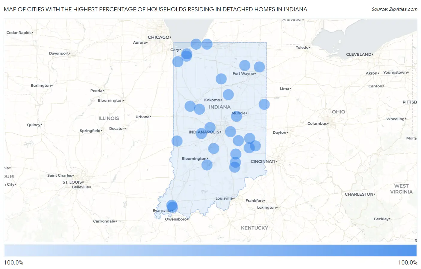 Cities with the Highest Percentage of Households Residing in Detached Homes in Indiana Map