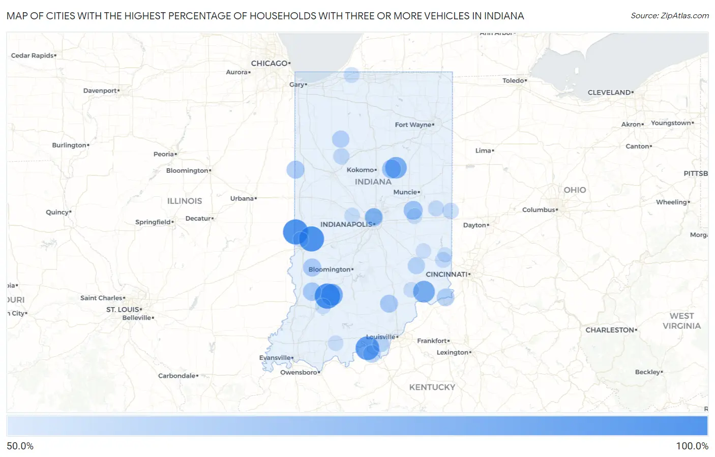 Cities with the Highest Percentage of Households With Three or more Vehicles in Indiana Map