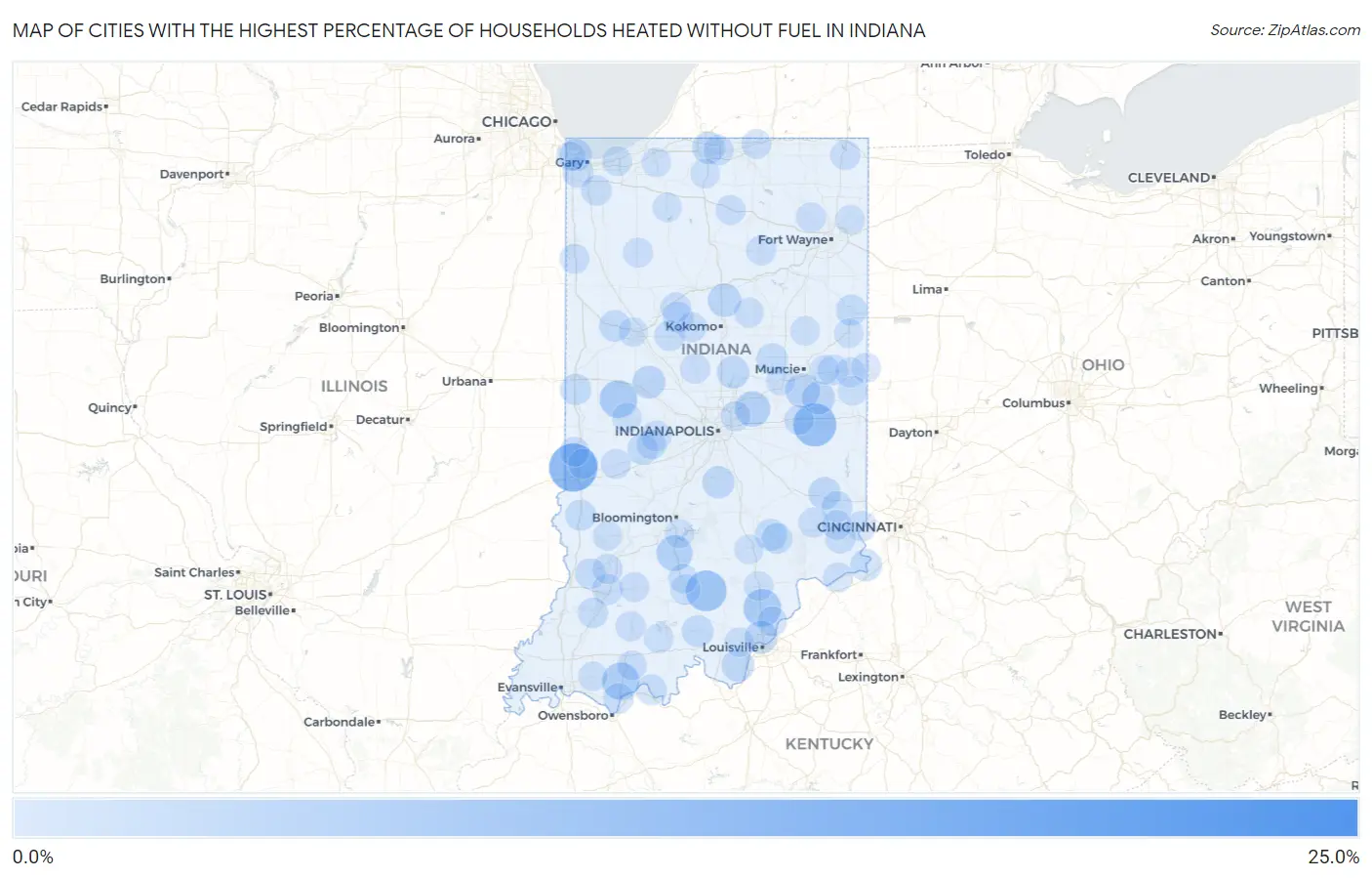 Cities with the Highest Percentage of Households Heated without Fuel in Indiana Map