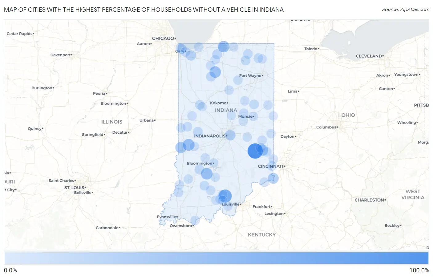 Cities with the Highest Percentage of Households Without a Vehicle in Indiana Map