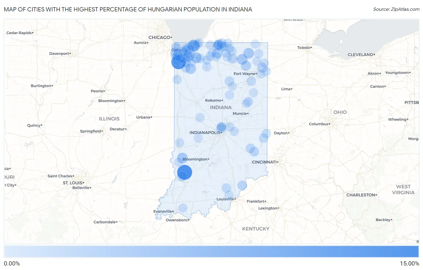 Cities with the Highest Percentage of Hungarian Population in Indiana Map