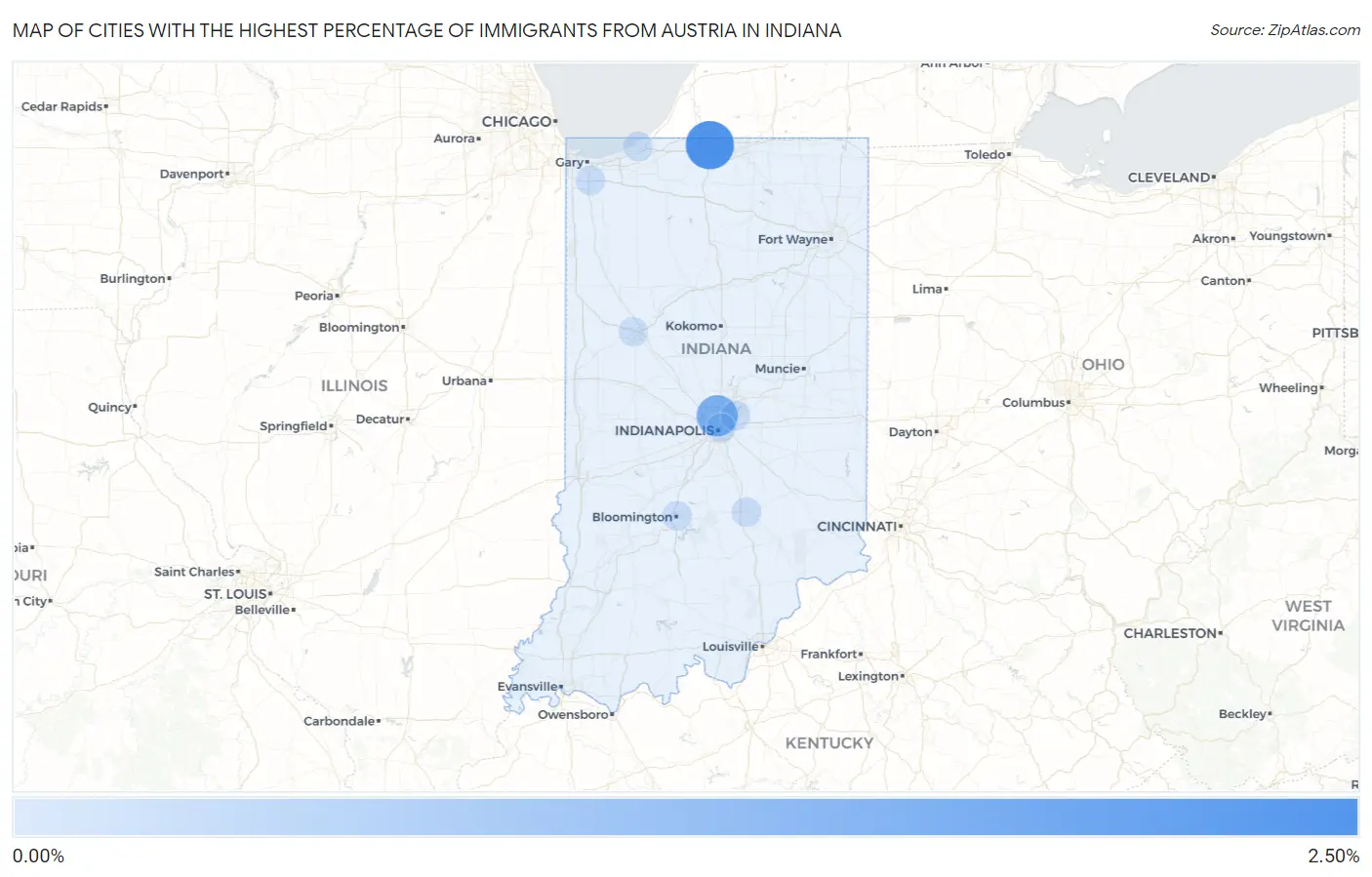 Cities with the Highest Percentage of Immigrants from Austria in Indiana Map