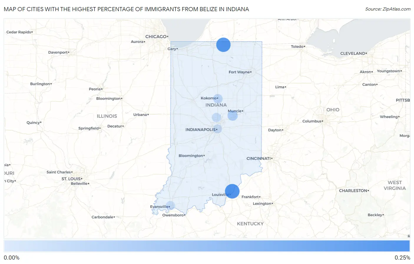 Cities with the Highest Percentage of Immigrants from Belize in Indiana Map