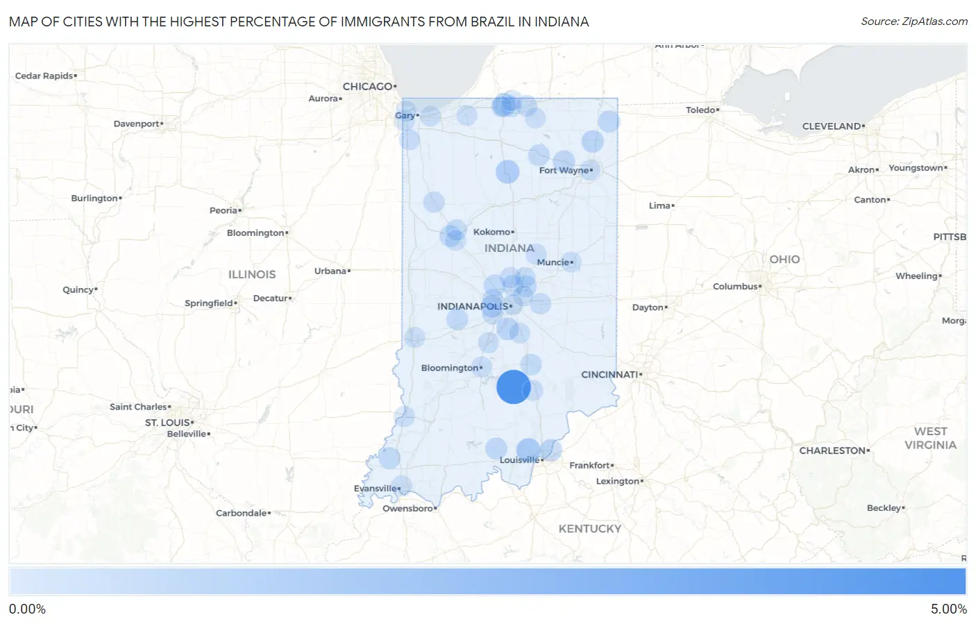 Cities with the Highest Percentage of Immigrants from Brazil in Indiana Map