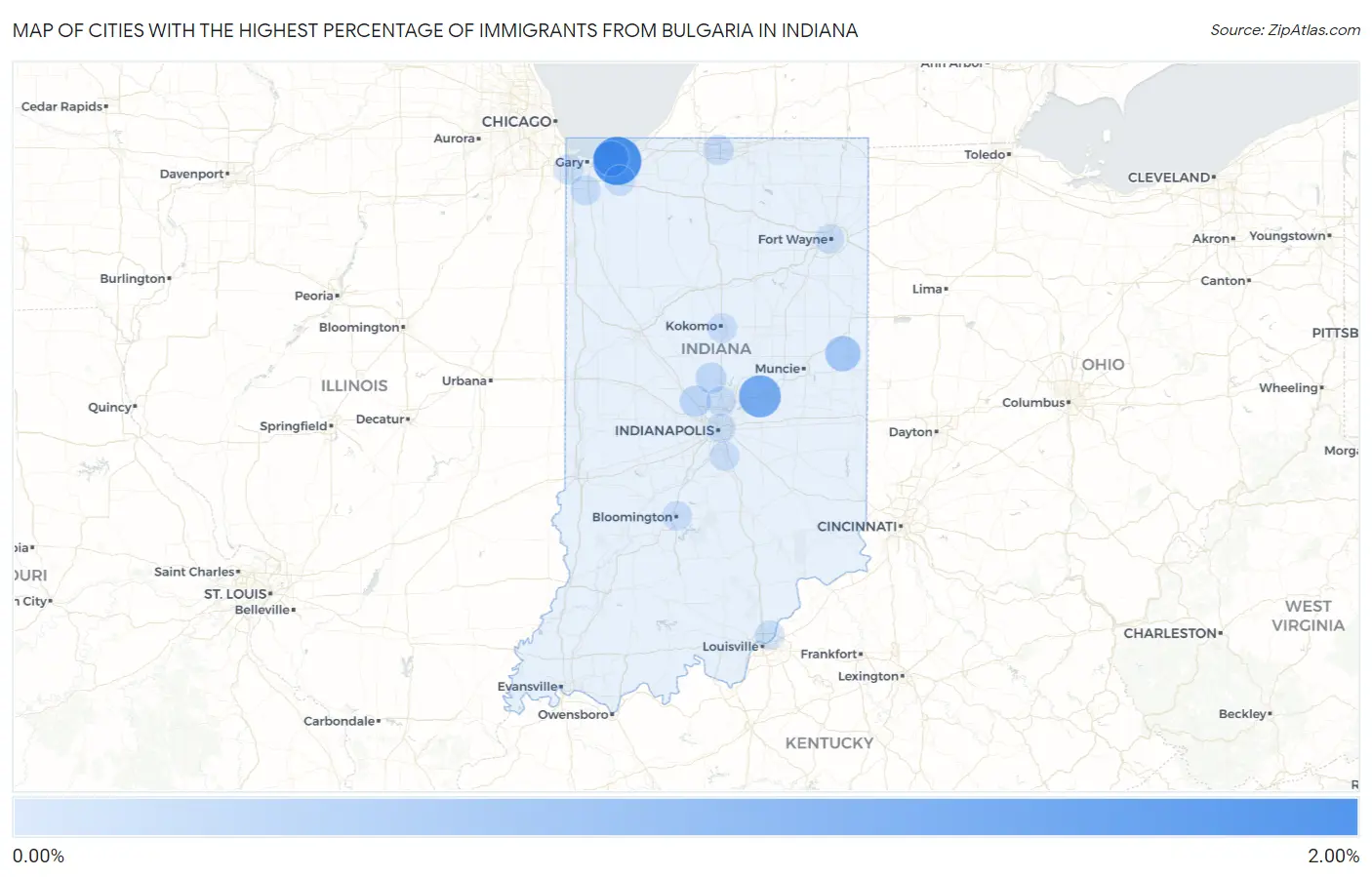 Cities with the Highest Percentage of Immigrants from Bulgaria in Indiana Map