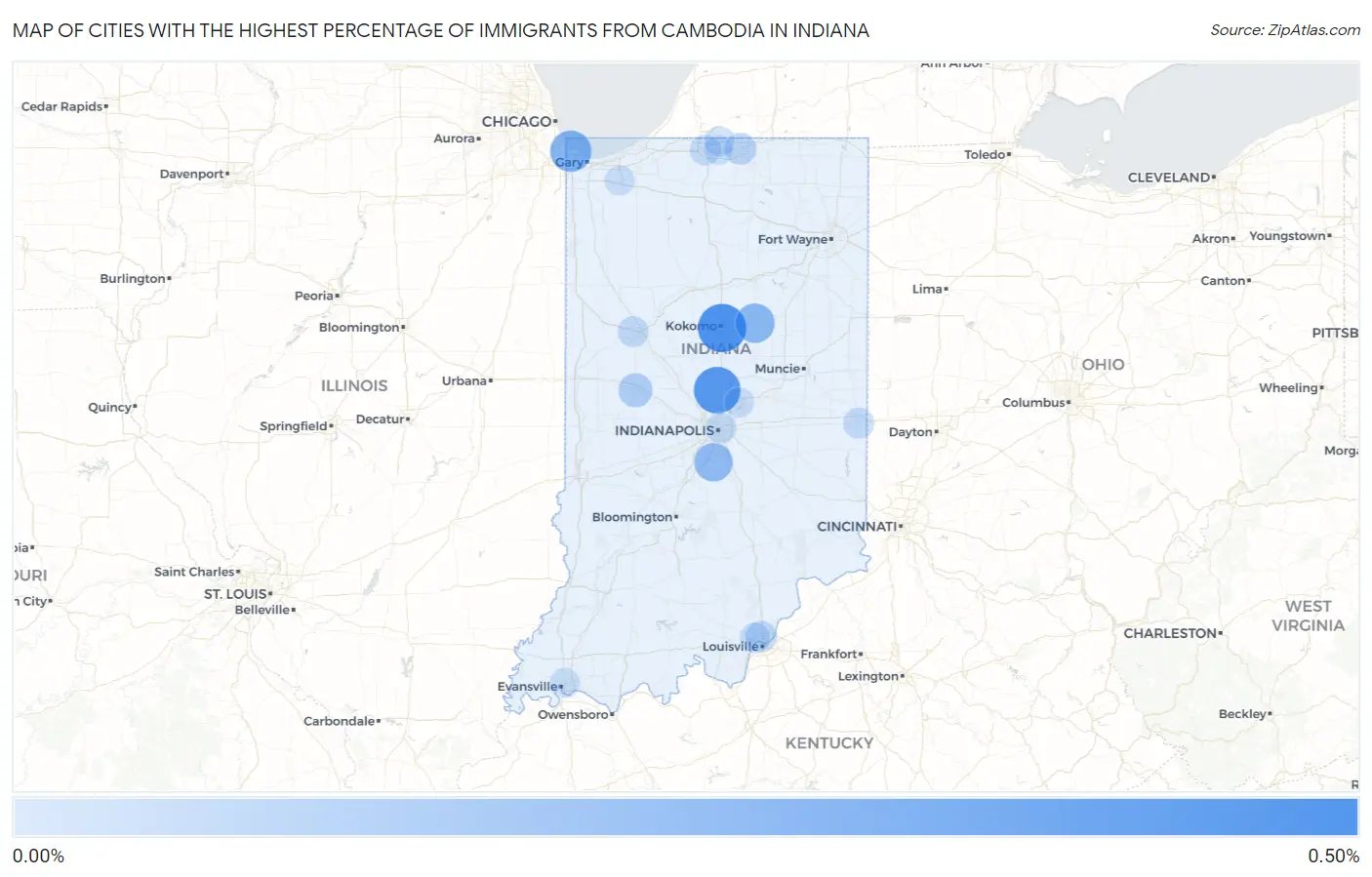 Cities with the Highest Percentage of Immigrants from Cambodia in Indiana Map