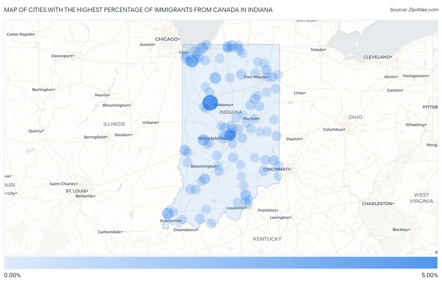 Cities with the Highest Percentage of Immigrants from Canada in Indiana Map
