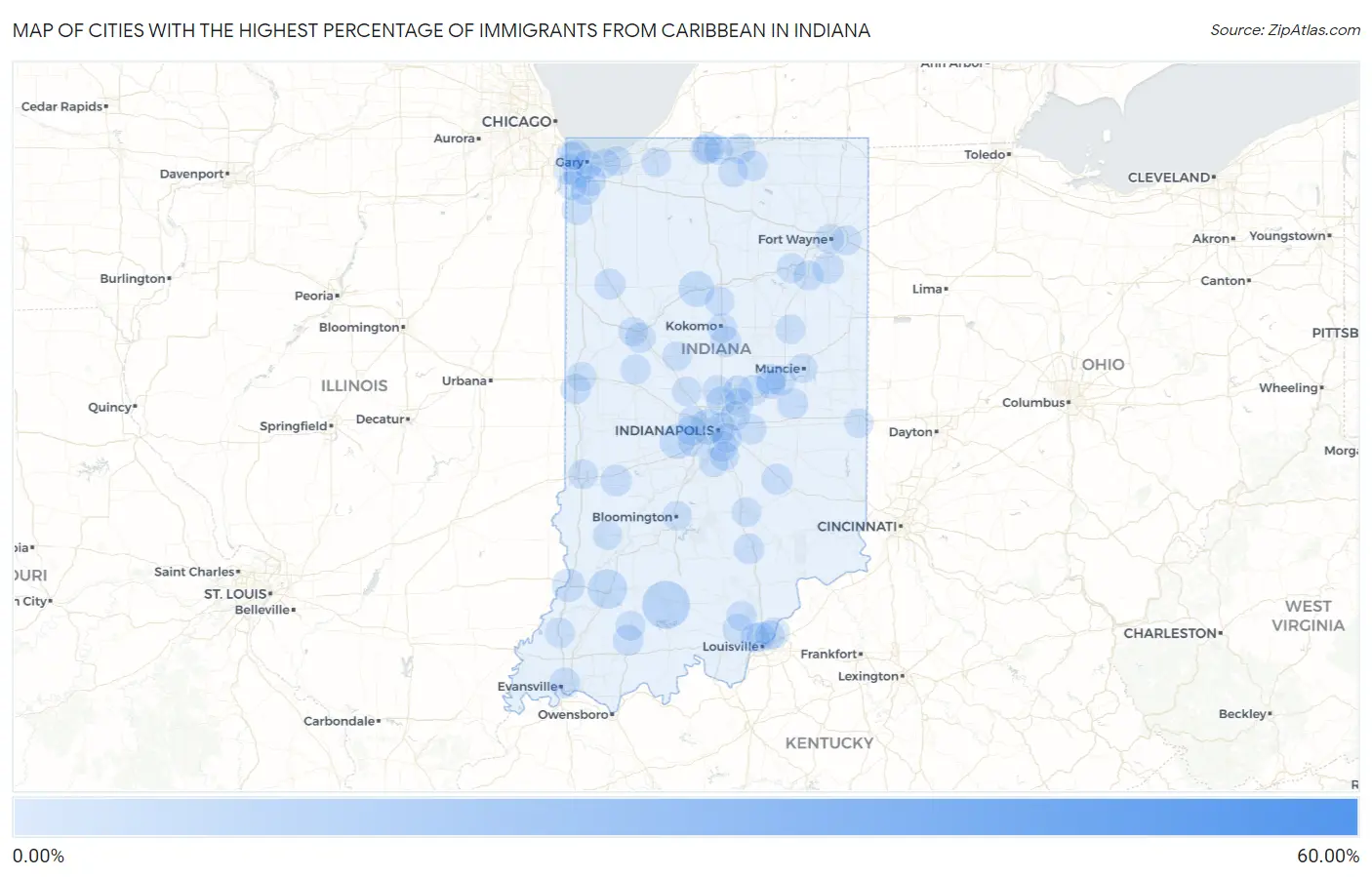 Cities with the Highest Percentage of Immigrants from Caribbean in Indiana Map
