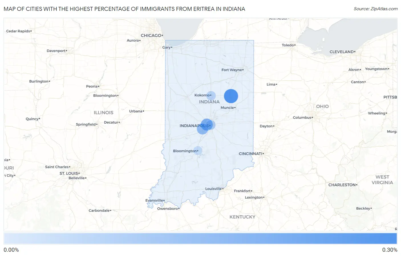 Cities with the Highest Percentage of Immigrants from Eritrea in Indiana Map