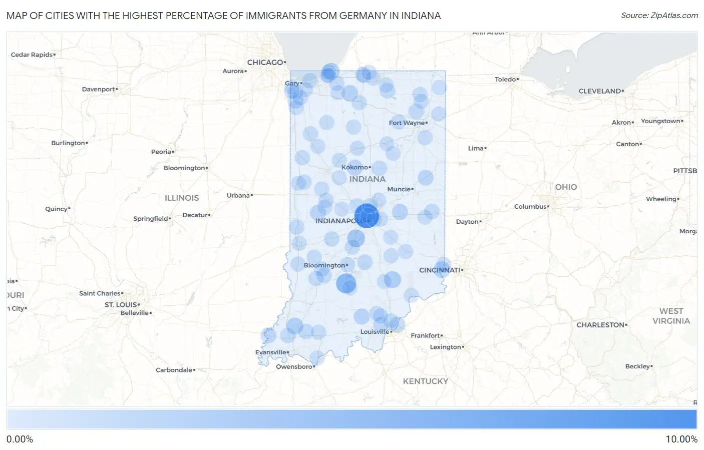Cities with the Highest Percentage of Immigrants from Germany in Indiana Map