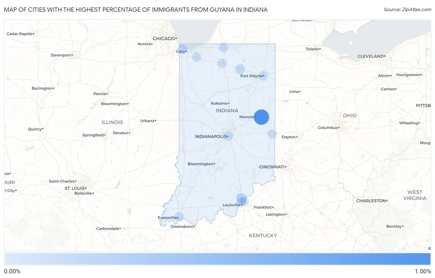 Cities with the Highest Percentage of Immigrants from Guyana in Indiana Map