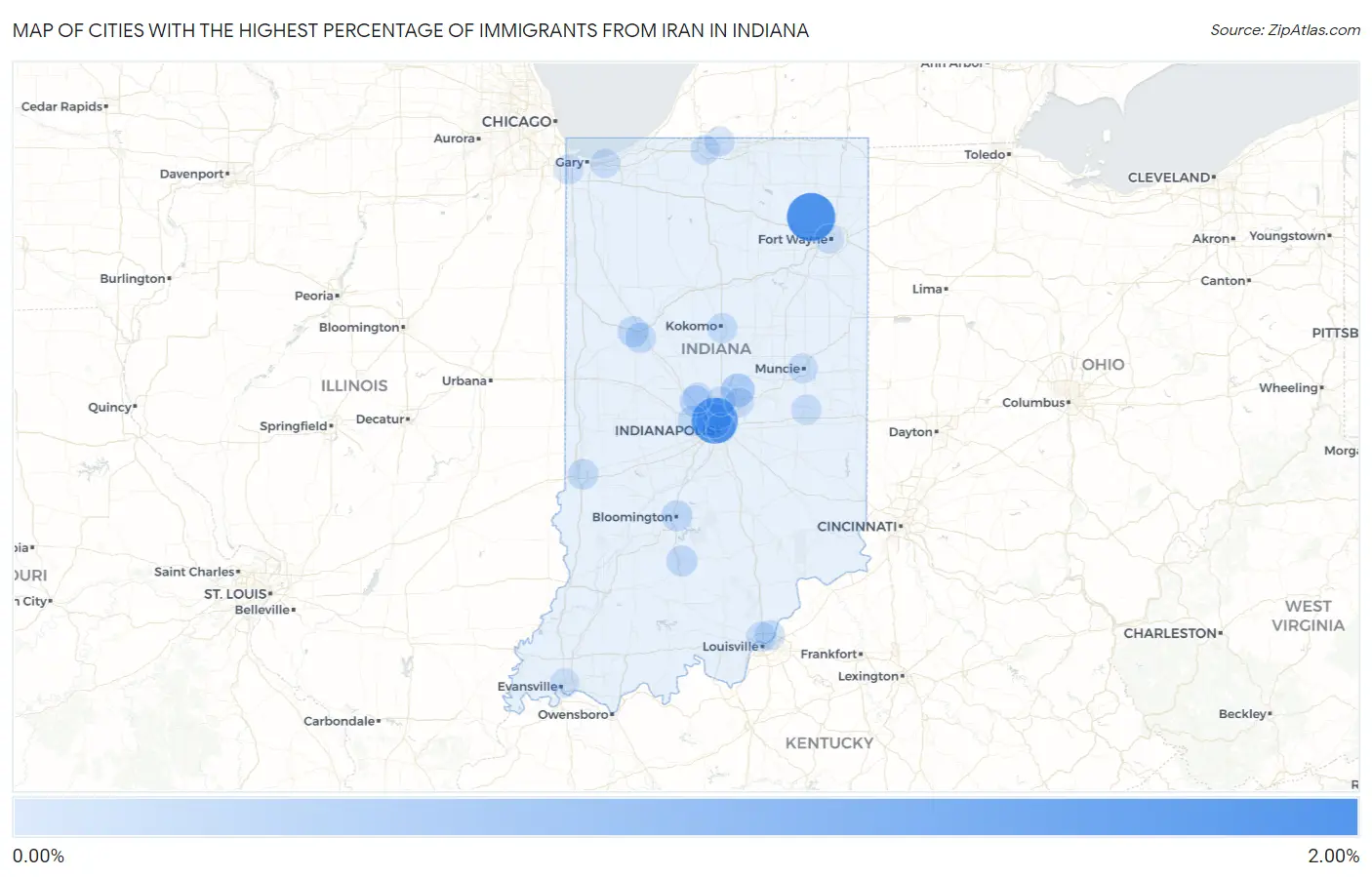 Cities with the Highest Percentage of Immigrants from Iran in Indiana Map