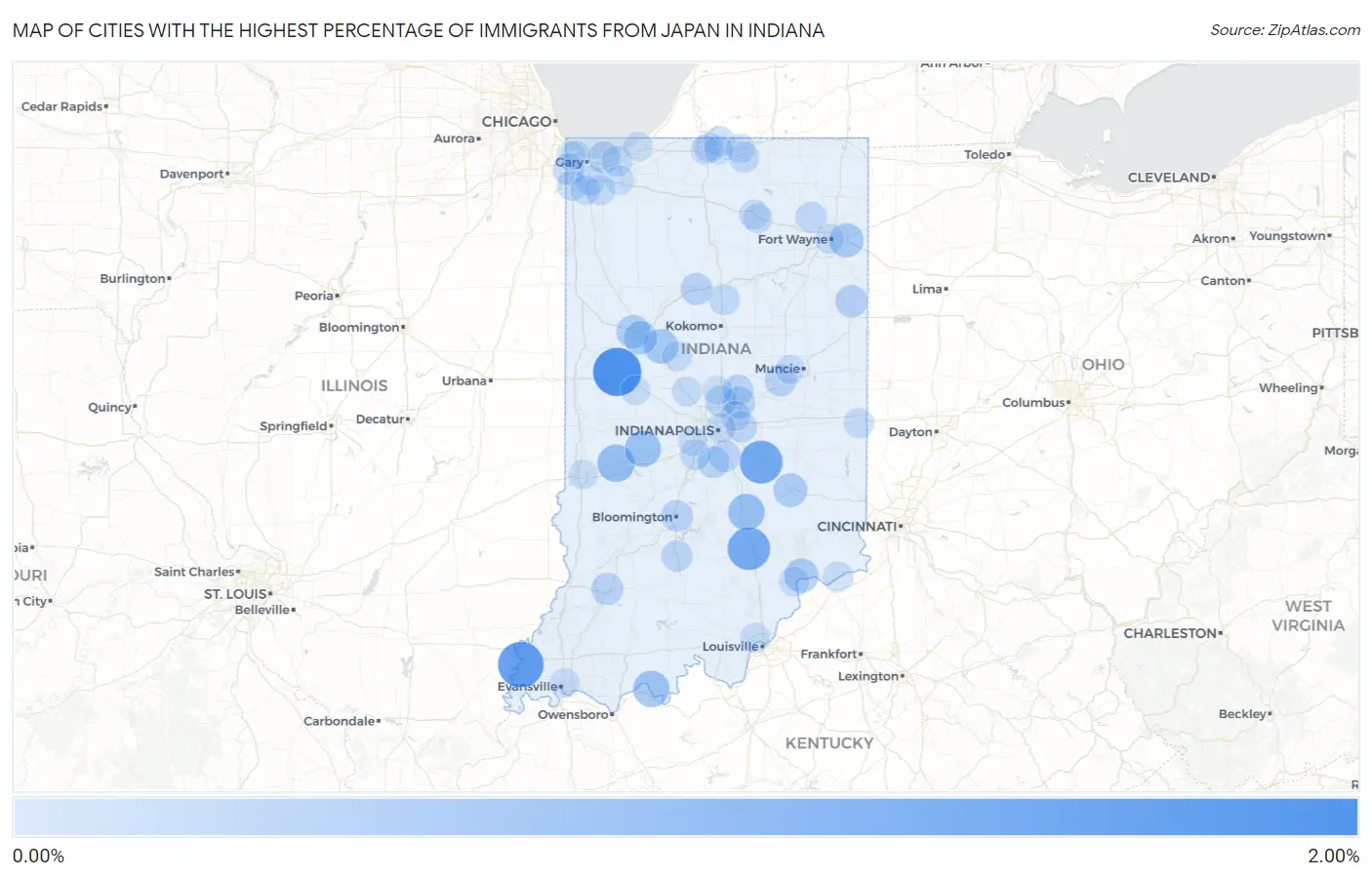 Cities with the Highest Percentage of Immigrants from Japan in Indiana Map