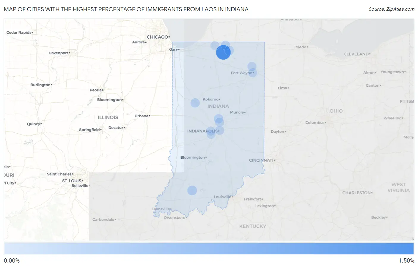 Cities with the Highest Percentage of Immigrants from Laos in Indiana Map