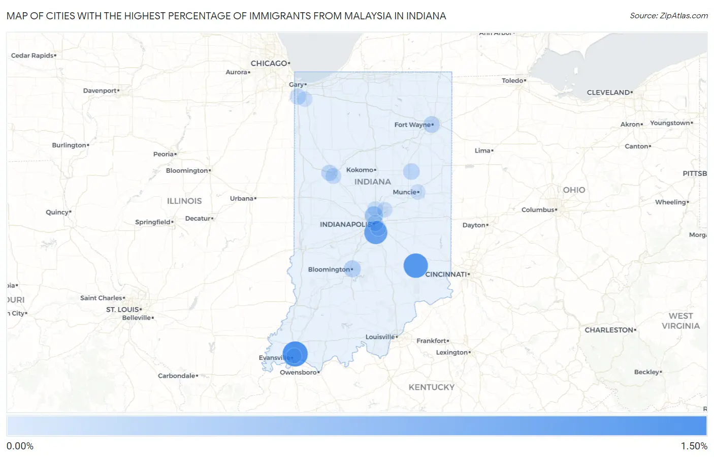 Cities with the Highest Percentage of Immigrants from Malaysia in Indiana Map