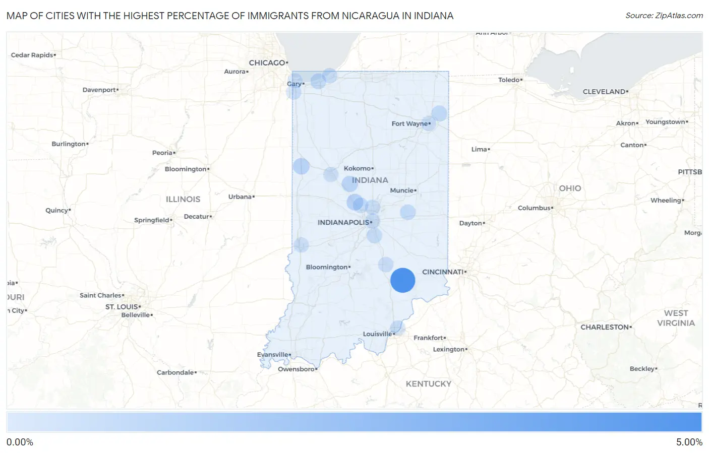 Cities with the Highest Percentage of Immigrants from Nicaragua in Indiana Map