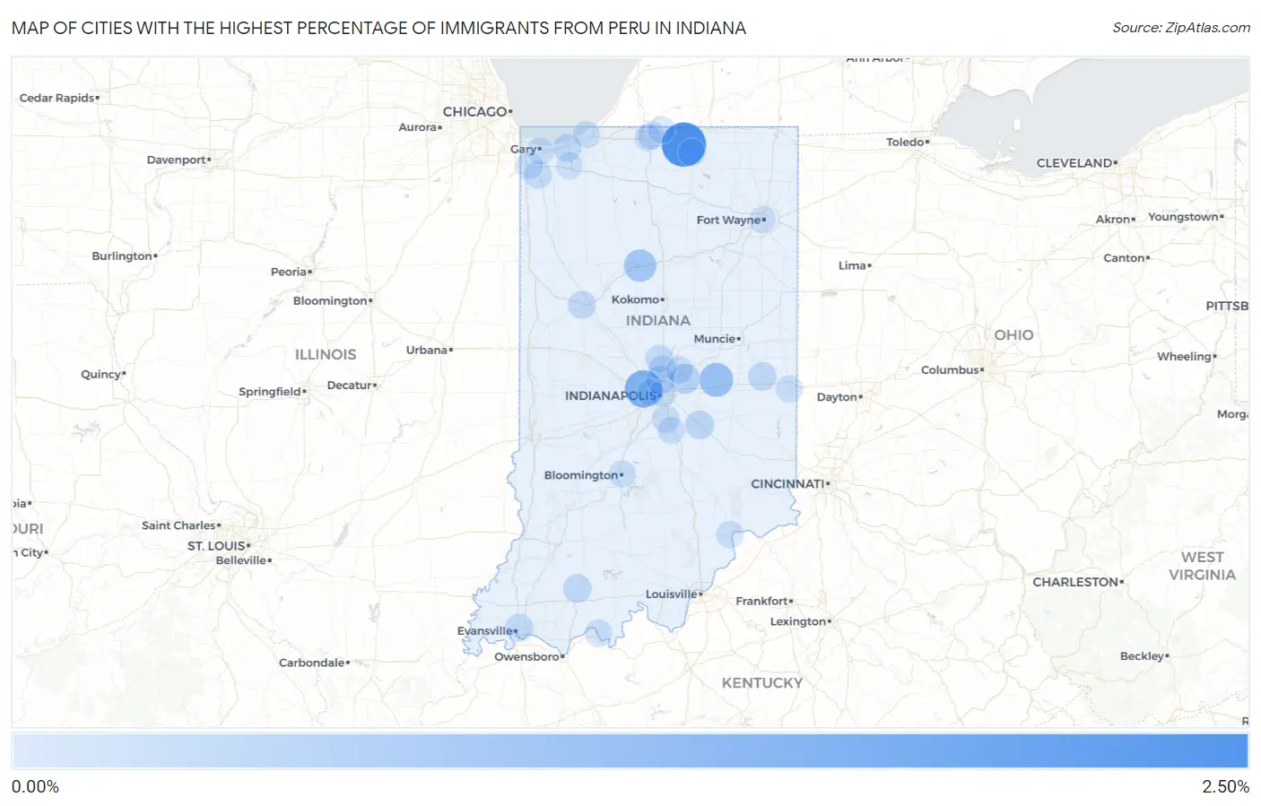 Cities with the Highest Percentage of Immigrants from Peru in Indiana Map