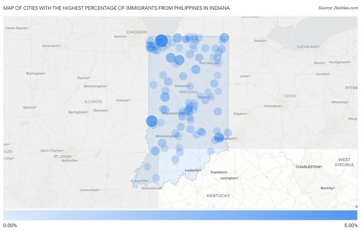 Cities with the Highest Percentage of Immigrants from Philippines in Indiana Map