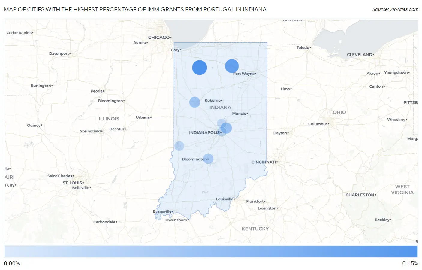 Cities with the Highest Percentage of Immigrants from Portugal in Indiana Map