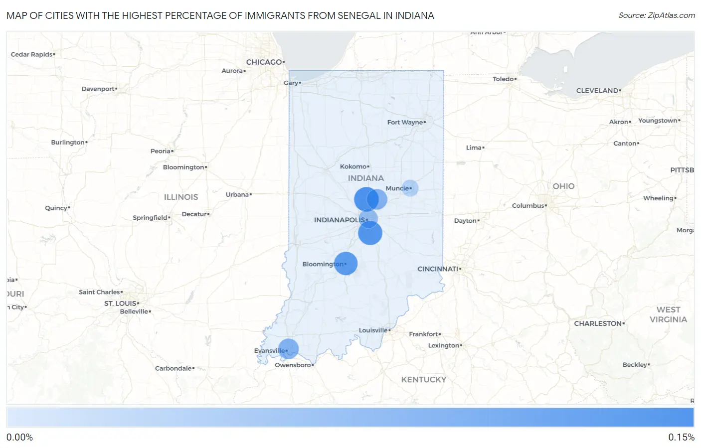 Cities with the Highest Percentage of Immigrants from Senegal in Indiana Map