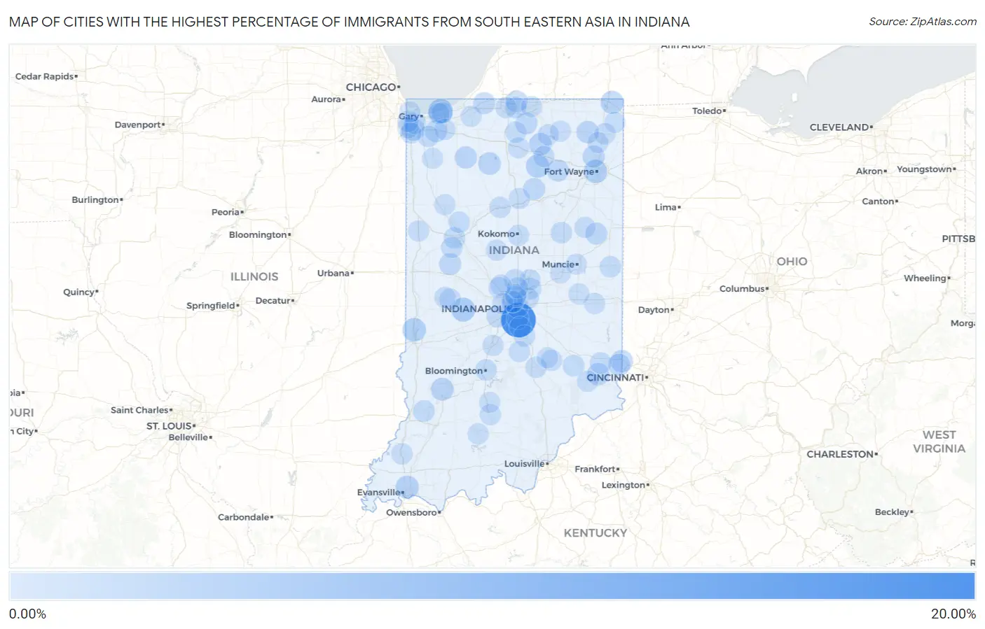 Cities with the Highest Percentage of Immigrants from South Eastern Asia in Indiana Map