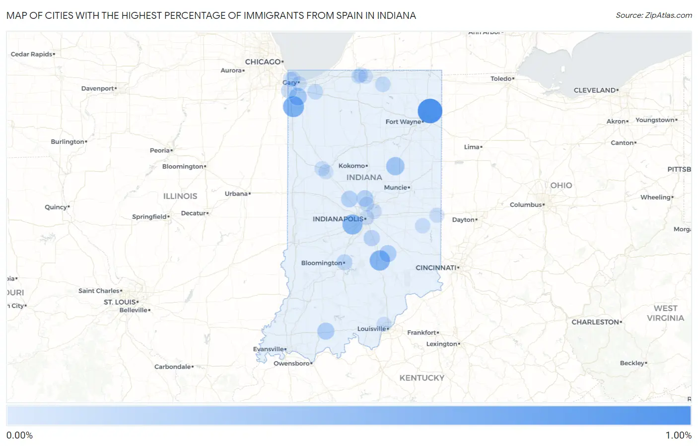 Cities with the Highest Percentage of Immigrants from Spain in Indiana Map