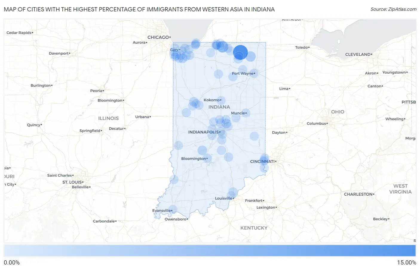 Cities with the Highest Percentage of Immigrants from Western Asia in Indiana Map