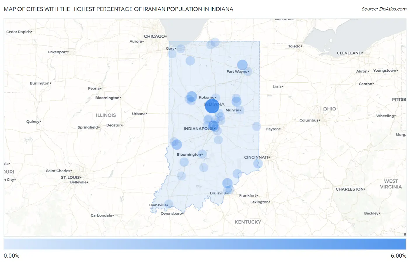 Cities with the Highest Percentage of Iranian Population in Indiana Map